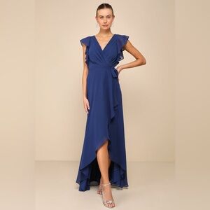 Lulu's Ravishing Charm Dark Blue Ruffled Wrap High-Low Maxi Dress